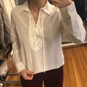 old money business casual whowhatwear white blouse with lacing-size xs